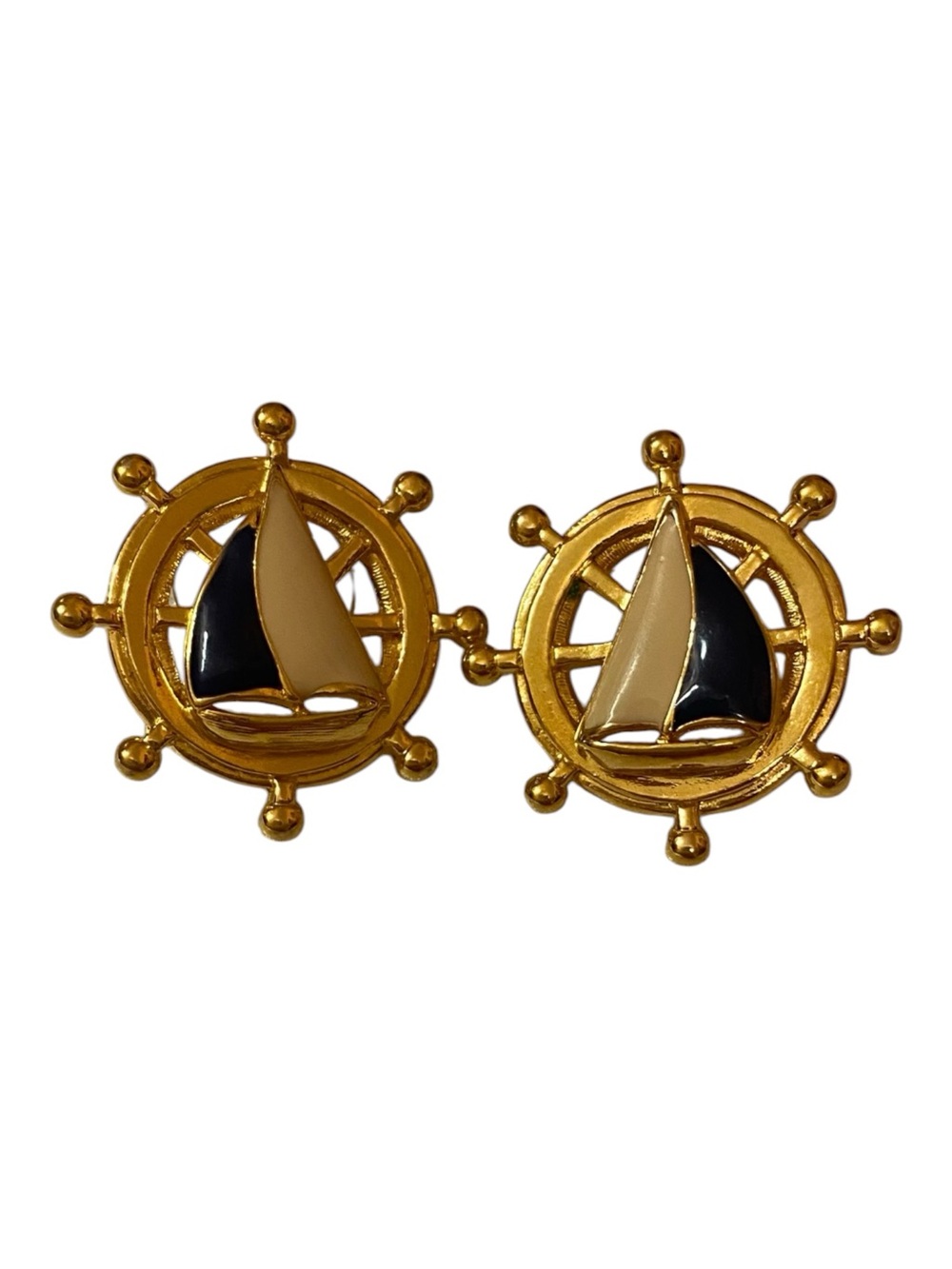 VINTAGE AVON Nautical Enamel Sailboat/Ship’s Wheel Gold (tone) Pierced Earrings